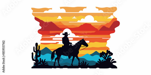 A lone cowboy silhouetted against a vibrant desert sunset landscape