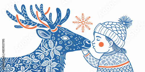 A charming illustration depicts a child gently kissing a reindeer s nose