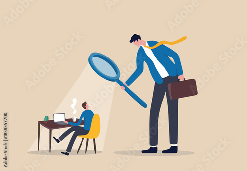 Micromanaging boss, toxic manager monitoring every details, excessive supervision and control of employee work and processes, micromanager boss using magnifying glass keep looking at employee working.