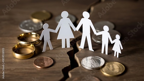 Divorce Concept Image – Paper Families, Wedding Rings, and Financial Separation Symbolism