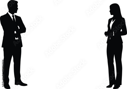 Business man and woman standing silhouette illustration, professional conversation distance corporate male female black vector