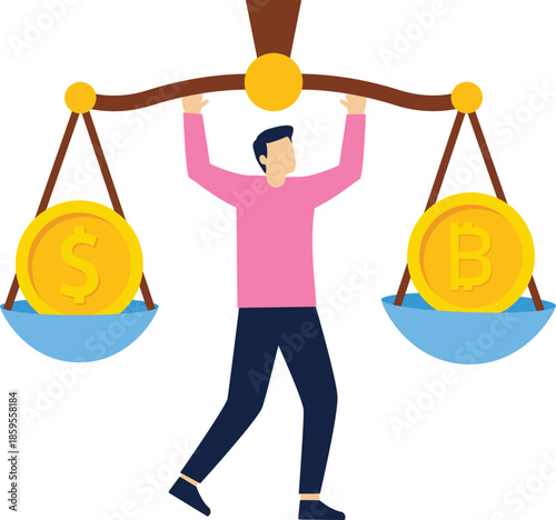 Balance Your Portfolio Between Bitcoin and Dollars. The concept of investing in currency. Foreign exchange trading.

