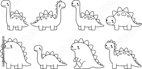 Cute dinosaur outline character set in black and white, simple kawaii cartoon dino vector illustration collection