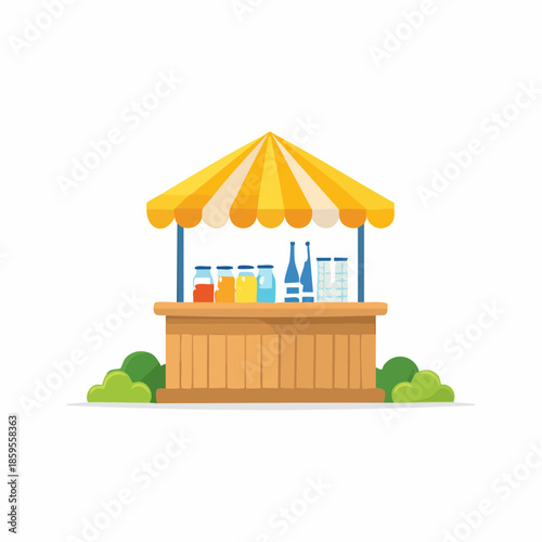 Summer Drinks Stand: Fresh beverages in glass bottles under a yellow striped awning surrounded by green bushes, vector illustration.