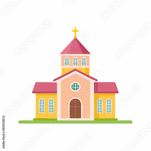 Cartoon Church Building with Cross Symbol: Architecture, Religion, and Spirituality