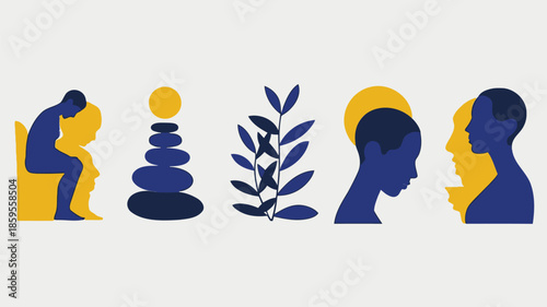 A horizontal set of five abstract panels depicting mental wellness concepts including a person meditating, a cairn, a plant, and human
