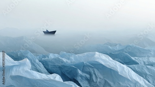 ocean made of crumpled plastic texture, tiny boat sailing on it, surreal metaphor for pollution