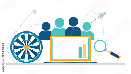Target audience visualization with dartboard near laptop and people
