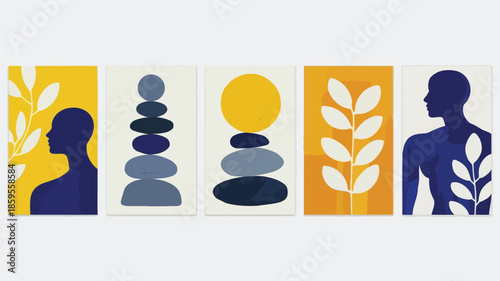 Five rectangular abstract panels combining silhouettes of human figures and plants with stacked stones and sun on white background