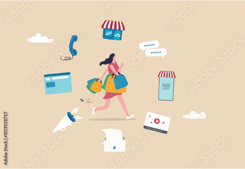 Omnichannel marketing, multi channel for customer to buy products, young woman customer with shopping bags buying from multi channel store, website, mobile and other chat and call center