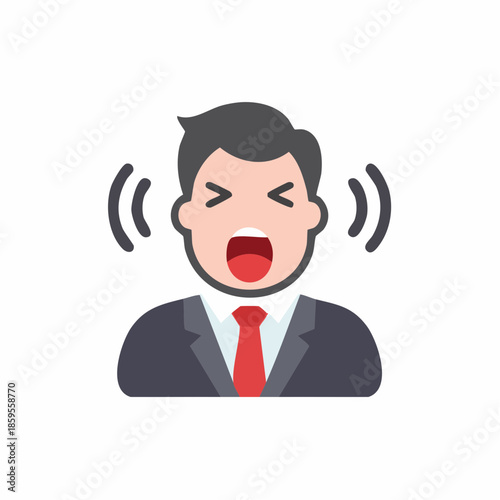 Angry businessman yelling illustration. Emotional man shouting with open mouth and wavy sound. Symbol of frustration and stress.