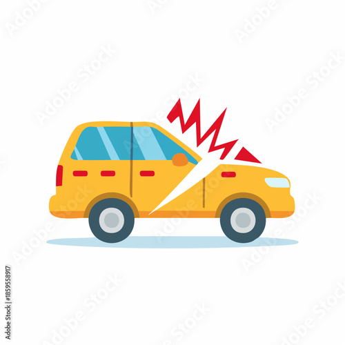 Yellow car with damage on the hood after collision, car insurance concept illustration
