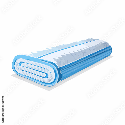 Rolled Blue and White Striped Textile Fabric Material on White Background Detailed Illustration