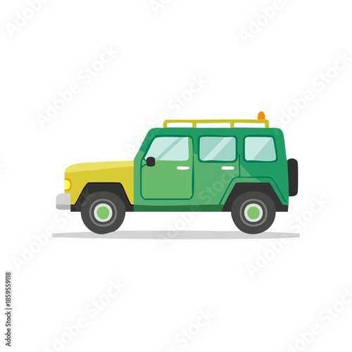 Green off road vehicle on white background illustration in vibrant style showing adventure lifestyle, travelling, and design element for automotive use