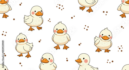 Cute duckling seamless pattern with baby ducks, playful kawaii cartoon farm animal background vector illustration