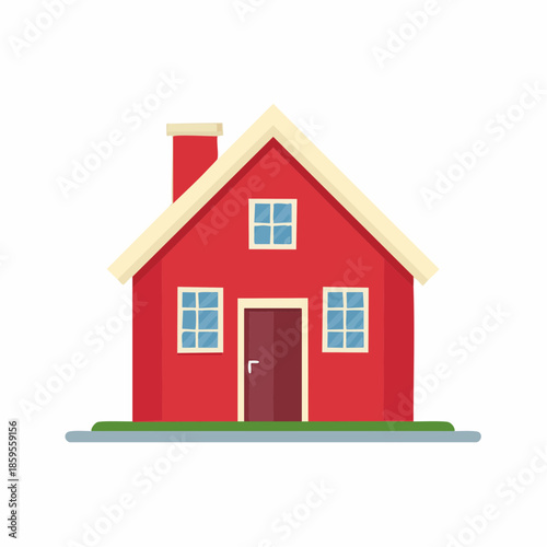 Red single story home with chimney and lawn, illustration, suburban property, small yard, minimalist residence, simple structure