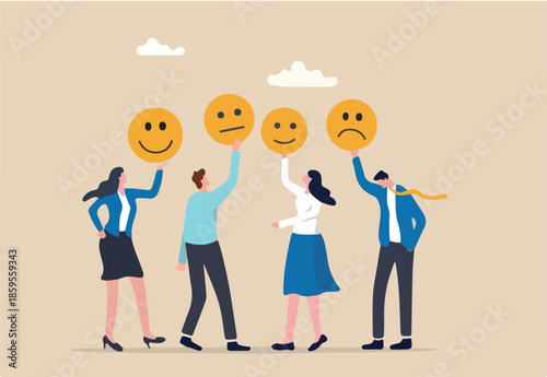 Employee morale, team spirit, work passion or job satisfaction, worker wellbeing or feeling, attitude and motivation concept, businessman and businesswoman team showing emotion happy and sad faces
