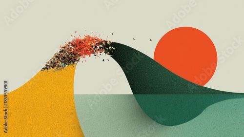 bold environmental poster, stylized ocean wave transforming into a trash heap