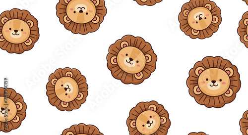Cute lion face seamless pattern with smiling safari animals, kawaii cartoon nursery background vector illustration