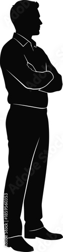 Business man standing with crossed arms silhouette illustration, side view confident professional male corporate black vector