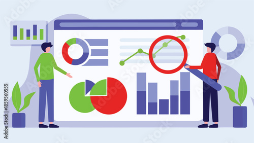 Two analysts standing near a large data dashboard with colorful pie charts and graphs on a light blue background