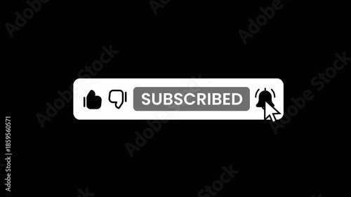 Subscribe, like, and bell button text animation on transparent background with alpha channel. High quality 4K video for social media content.