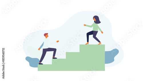 Two people climbing steps shaped like blocks in a modern illustration style