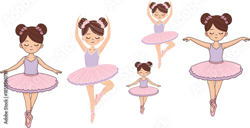 Cute little ballerina girl illustration set performing ballet dance poses, graceful cartoon character vector isolated on white