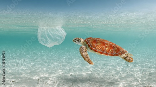 sea turtle swimming near a floating plastic bag, cautionary distance, clear tropical water