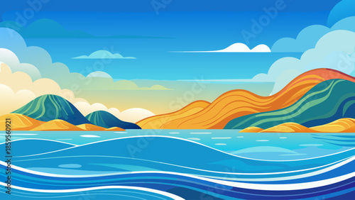 Minimal sea background vector with simple wave shapes and copy space
