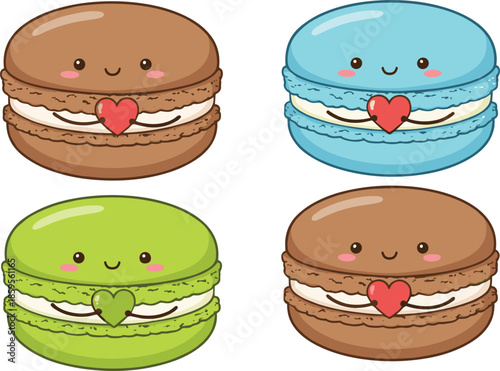 Cute macarons character collection with smiling faces and heart filling, kawaii dessert cartoon food vector illustration