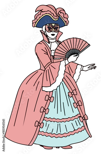 Elegant eighteenth century woman in pink gown holding a fan.