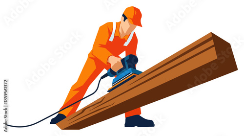 Construction Worker Cutting Timber With Saw.