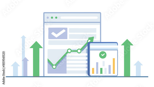 Website performance illustration with analytics and growth charts on mobile and desktop devices