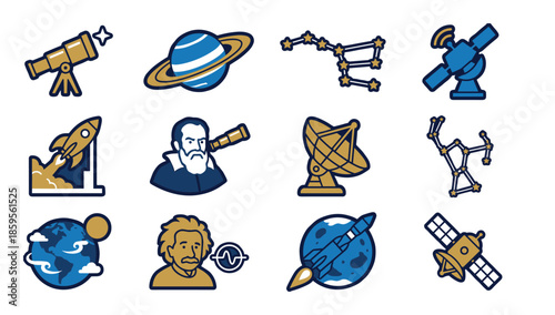 Set of twelve astronomy and space icons in a blue and gold color scheme featuring a telescope, planet, rocket, satellite, constellations, and portraits of historical scientists