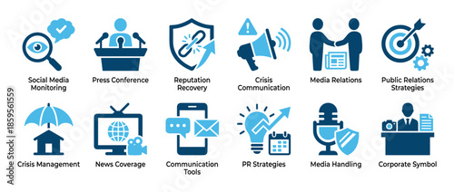 Public relations and crisis management icon set illustrating concepts like communication, reputation, and media handling with simple, flat vector symbols for business presentations