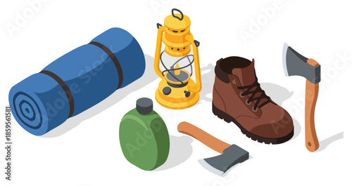 Camping Gear And Outdoor Equipment Set.