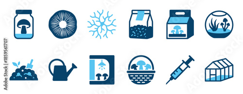 Collection of blue mushroom cultivation icons showing the process of growing fungi, including mycelium, a spore syringe, substrate, and a greenhouse for home mycology