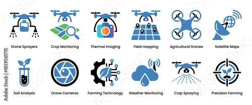 Modern flat vector icon set for smart farming and agricultural technology, illustrating concepts like drone spraying, crop monitoring, field mapping, and soil analysis