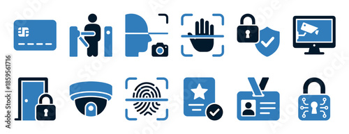 Collection of security and access control icons featuring biometrics, surveillance, identification, and digital protection symbols in a clean, two-tone blue flat vector style