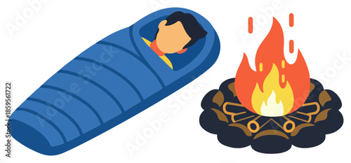 Close Up of Blue Sleeping Bag with Camper.