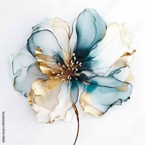 Abstract flower, delicate botanical floral background Beautiful abstract illustration with fluid teal blue and metallic gold petals on a white background for luxury invitati
