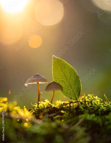 Tiny mushrooms and leaf in morning sunlight