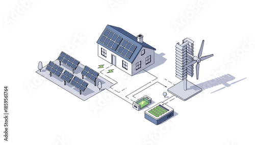 Eco-friendly smart house with solar panels, wind turbine, and battery storage for renewable energy generation