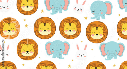 Cute safari animals seamless pattern with lion elephant and bunny faces, playful nursery cartoon background vector illustration
