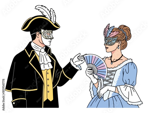 Elegant Masquerade Couple in Historical Attire with Masks.