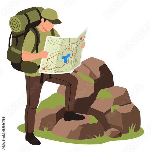 Hiker Reading Map While Standing On Rocks.