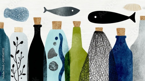 pattern, ocean icons mixed with trash