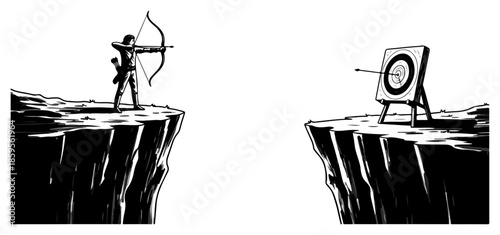 Silhouetted Archer Drawing Bow Across Canyon.