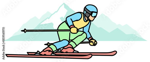 Skier in action gliding downhill on skis.